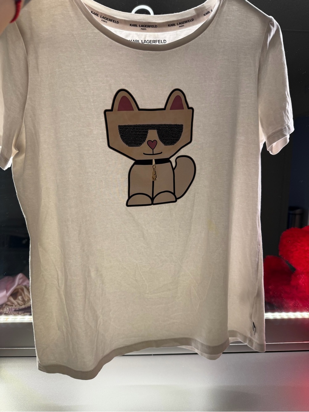 Karl Lagerfeld White Tee with Beige Cat Graphic and Pink Ear Accents